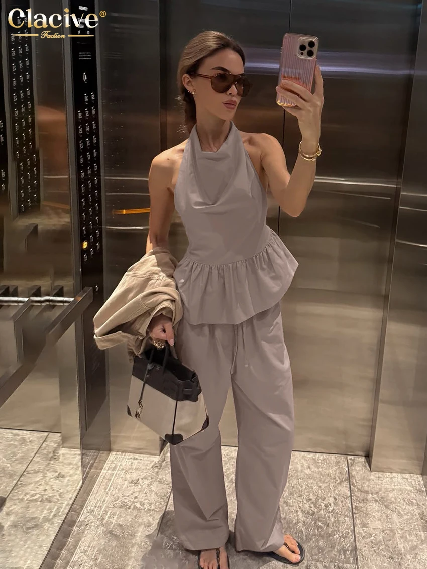 

Clacive Summer Loose Dark Pink Women's Two Pieces Set Sexy Sleeveless Tank Top With High Waist Wide Pants Set Female Clothing