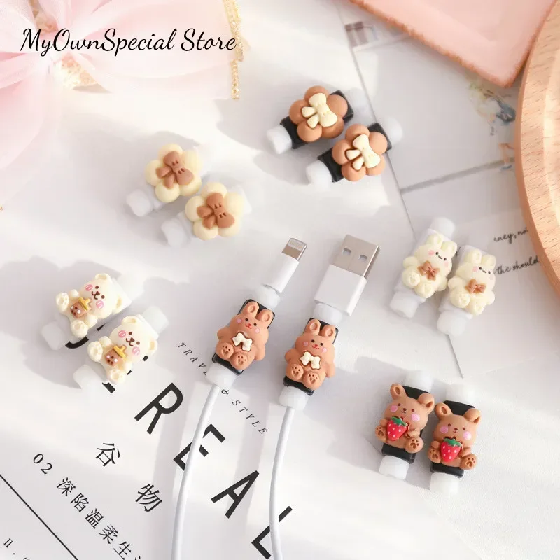 2pc Milk Coffee Color Data Cable Protective Sleeve Cute Cartoon Mobile Phone Charging Cable Anti-break Protector Headphone Cable