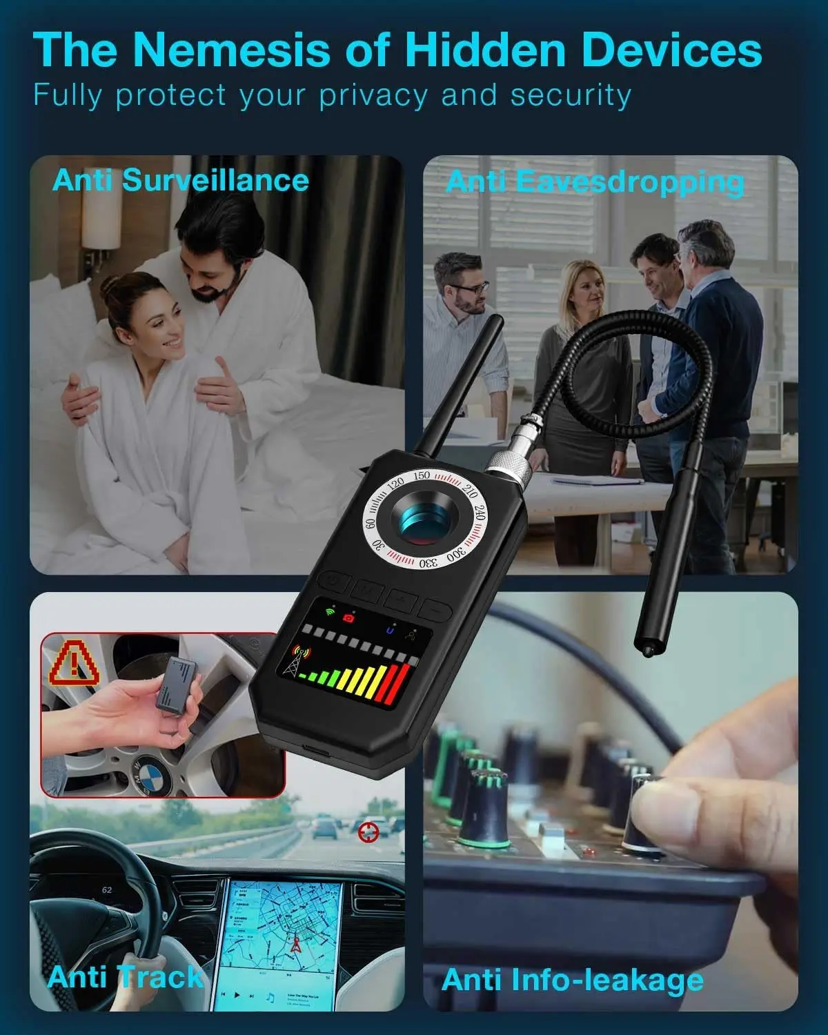 Rilevatore telecamera nascosta AI di nuova generazione 1 MHz-10 GHz, segnale sonoro GSM wireless RF Rilevatore localizzatore GPS Bug Finder Gadget anti-spia