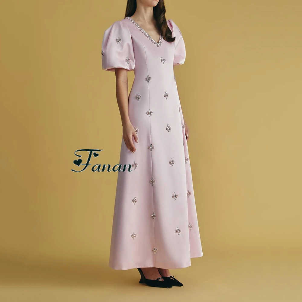 Customized Simple Pink A-line Satin Evening Dress Short Sleeves With Sequined Party Dress Crystal Ankle Length Prom Gown