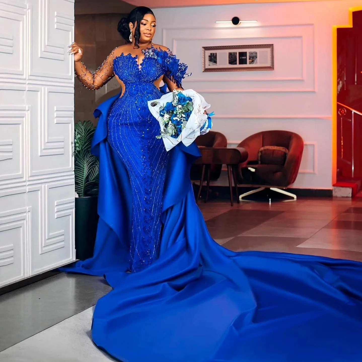 Vestidos De Casamento Sereia De Renda Frisada Africana, Mangas Completas, Vestidos Longos De Baile, Trem Destacável, Aso Ebi Brilhante, Azul Royal