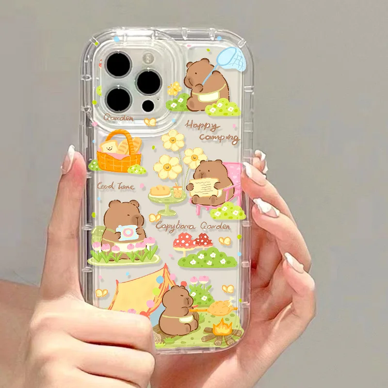 Funny Cute Cartoon Capybara Phone Case For iPhone 13 Case iPhone 14 15 Pro 11 12 16 Pro Max XR XS 7 8 Plus SE 2020 Flower Cover