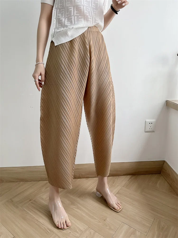 Imagem -06 - Alsey Miyake Calça Plissada Feminina Calça Casual Harlan Solta Perna Larga de Nove Minutos Cor Sólida Elegante Nova 2023