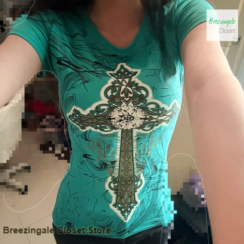 

American style retro old waist slim punk rock short-sleeved women's spring and summer new fashion cross casual Joker T-shirt