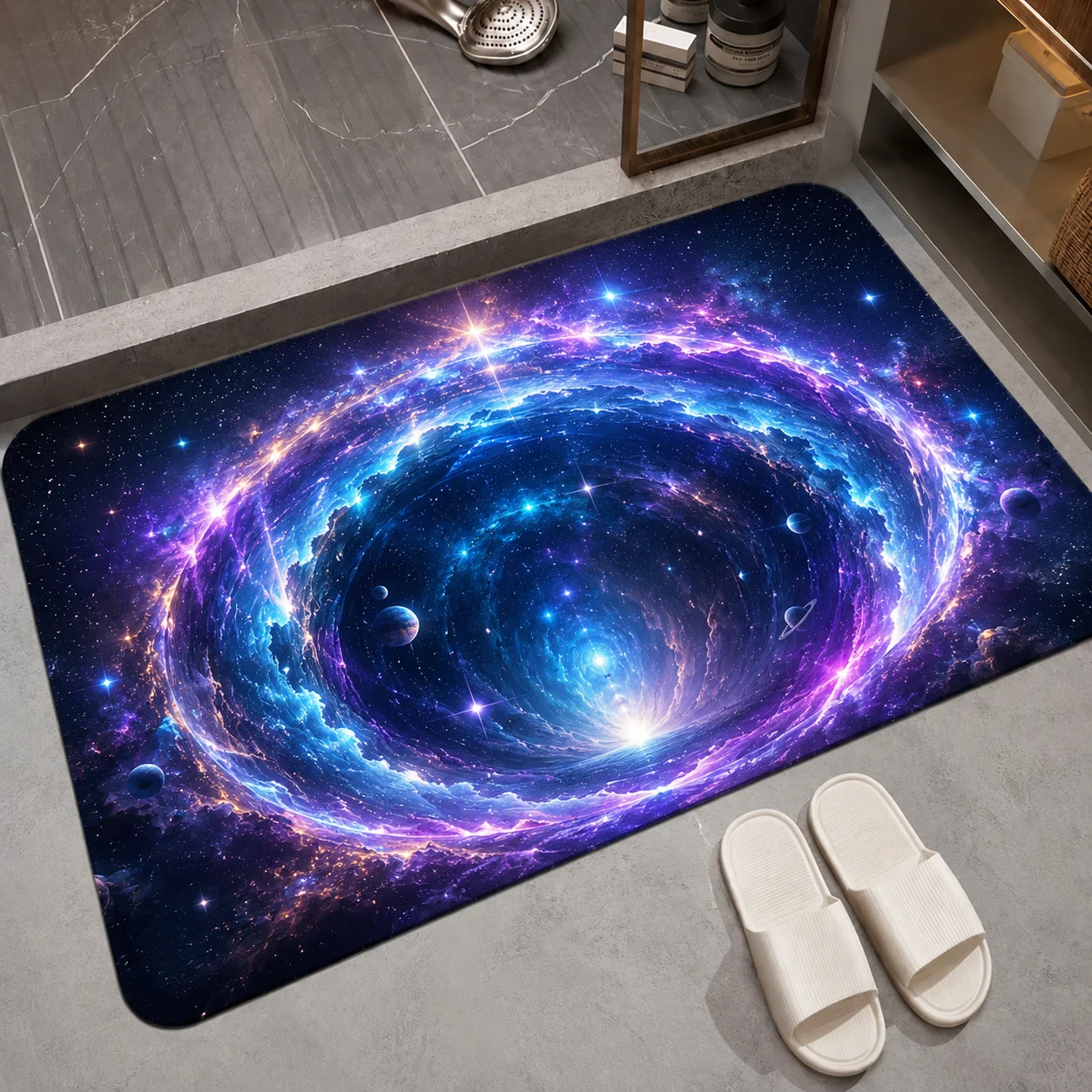 

3D Optical Illusion Galaxy Portal Rug Space Portal Round Hole Door Mat Anti-slip Water Absorbent Mat For Bathroom Doorway Decor