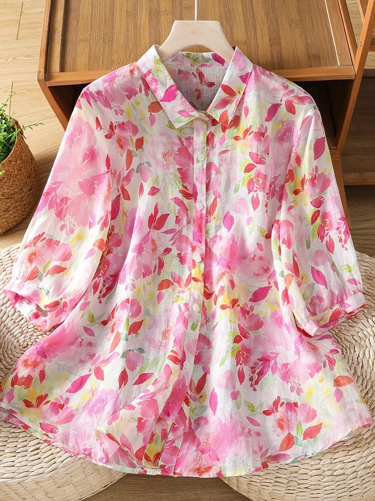 

Summer Cotton Linen Short Sleeve Shirt Women's Loose Fit Printed Floral Collar Casual Breathable Thin Top Open Cardigan