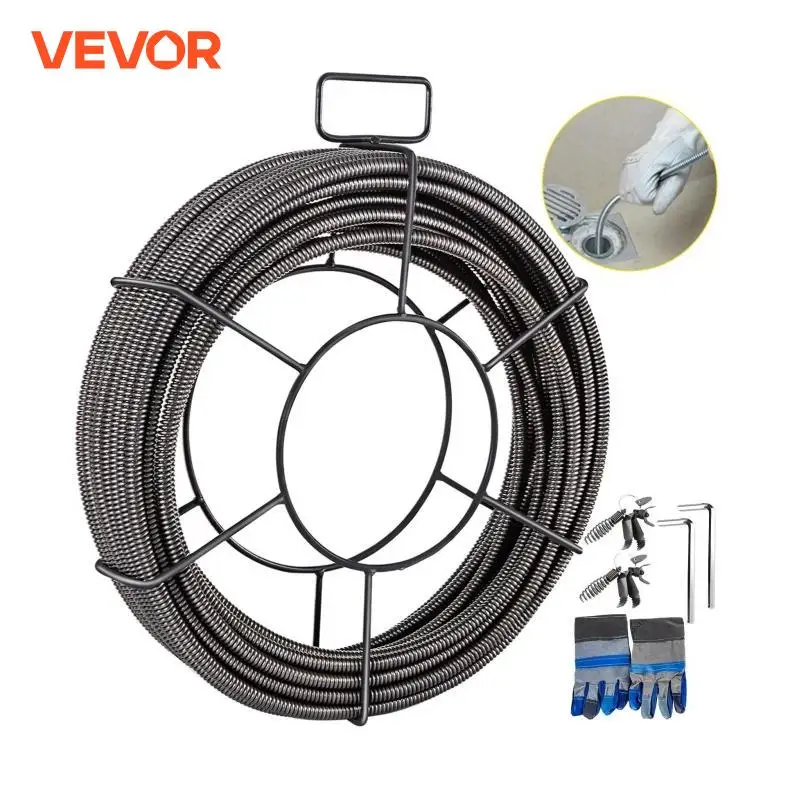 VEVOR Drain Pipe Dredger Brush Extension Spring 15/23/30M Cleaning Plunger Unblocker Compression Cable with Connector Household