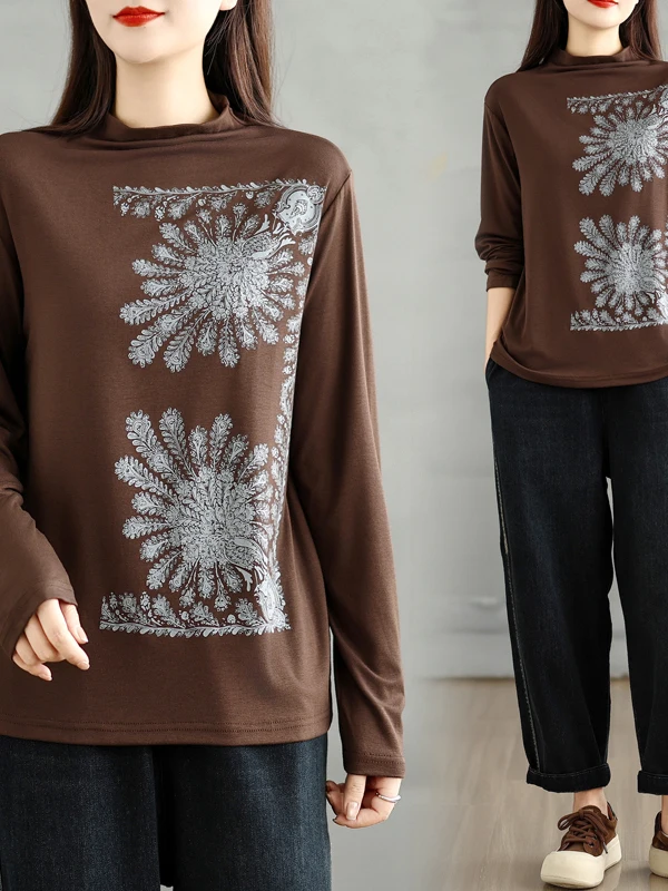 

Двусторонняя футболка Fce Base irt Loose Long Sve f с высоким воротником и принтом, утягивающая футболка для женщин, осень-зима, новинка Sle