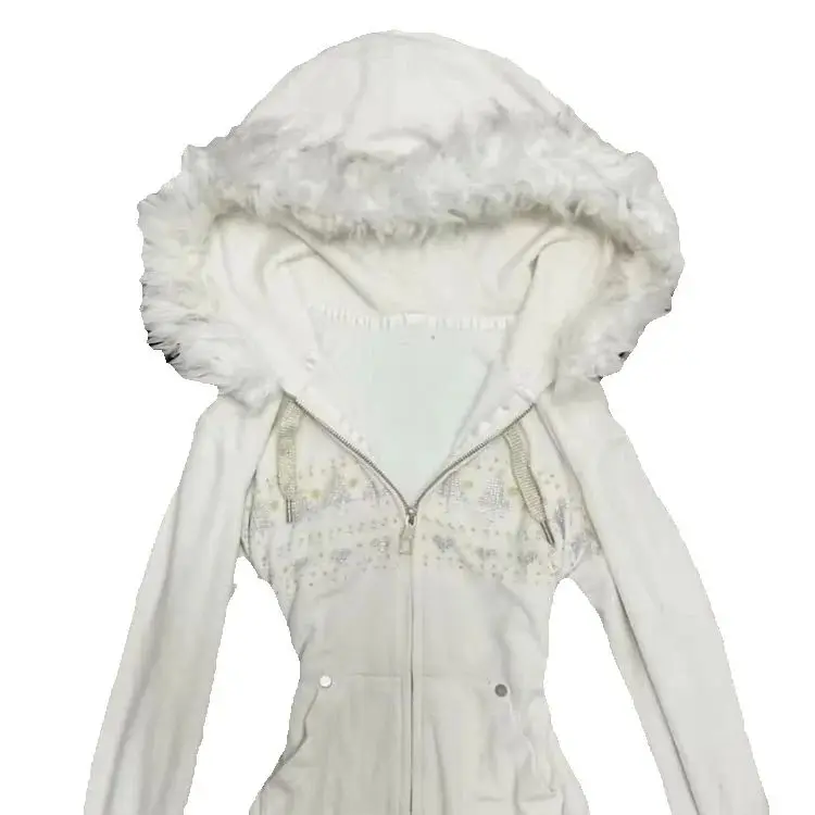 

Kimotimo Vintage White Faux Fur Collar Hoodie Women Autumn Winter Y2k Printed Zipper Slim Fit Short Coats Harajuku Sweatshirt