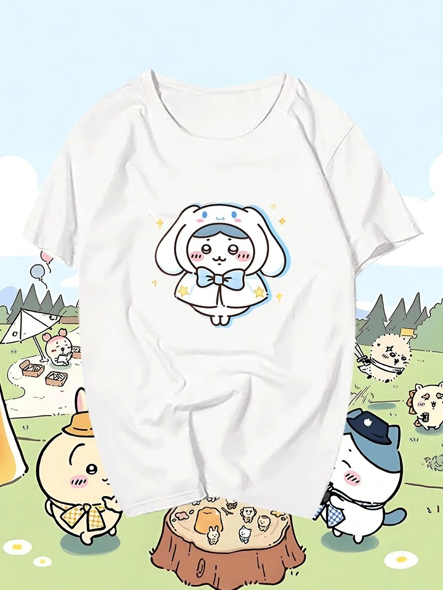 Chiikawa Japanese Cartoon‑Style Graphic T‑Shirt,  Summer Cotton Unisex Couple Casual Short‑Sleeve Streetwear Gift Daily Top