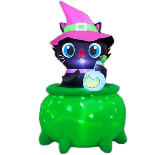 6 Feet Halloween Inflatable Cat Witch Cauldron Decoration Built-in LED Lights for Holiday Lawn Party Courtyard Decorations