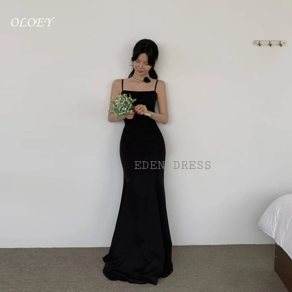 OLOEY สีดำเกาหลีชุดราตรีโบเลโรถ่ายภาพงานแต่งงานความยาวชั้นชุดปาร์ตี้สายสปาเก็ตตี้แบบกำหนดเอง