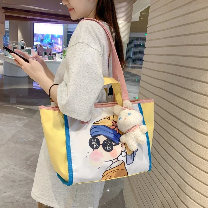 

Cute Girls School Bag Casual Canvas Handbag Tote Large Capacity Shoulder Bag For Women Portable Nylon Shopping Bag Big