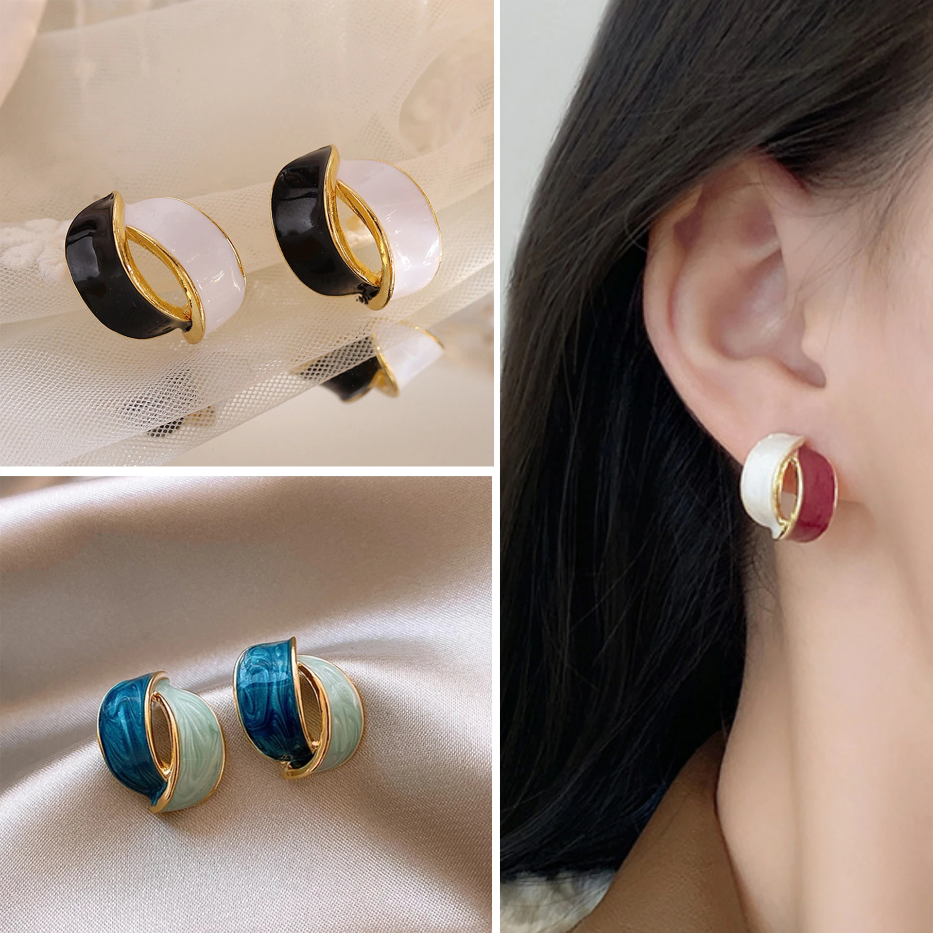 Korean Double Arc Cross Enamel Stud Earring for Women Personality Contrast Color Blue Black White Geometric Earring Jewelry Gift