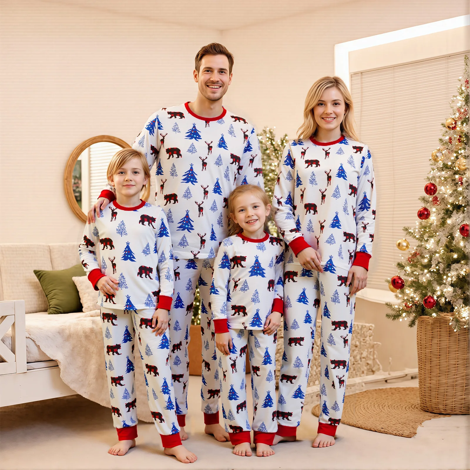

Matching Christmas Pajamas for Family Long Sleeve Bear Print Tops + Plaid Pants Set Loungewear