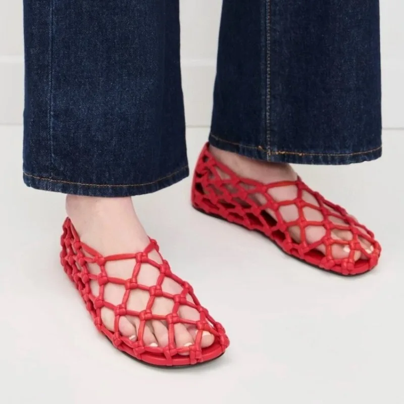 

2026 New High Quality Women Hollow Out Woven Soft Leather Ballet Flats Slip on Soft Sole Breathable Ladies Summer Flat Shoes
