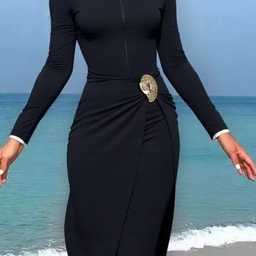 Black Modest Long Sleeve Swimsuit Full Coverage Burkini Set with Gold Buckle Female Bathing Suit Beachwear
