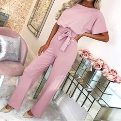 Tute da donna con scollo a V pagliaccetti a maniche lunghe Lace Up Solid Splice pantaloni lunghi One Piece Elegant Office Lady Regular 2024 Summer