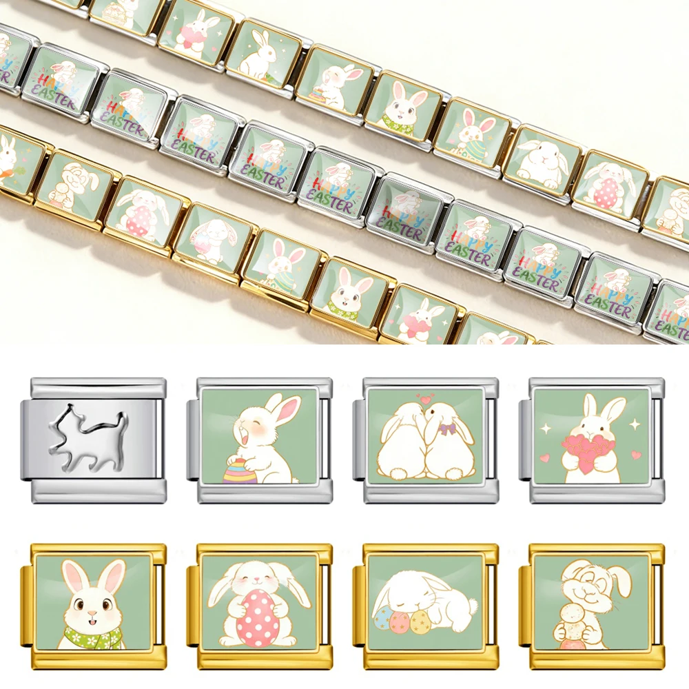 Niedliches Kawaii Weißes Kaninchen Italienisches Gliederarmband passend für 9mm Edelstahl-Anhänger Oster-Feiertagsschmuck Original-Design Armband DIY – Detail 1