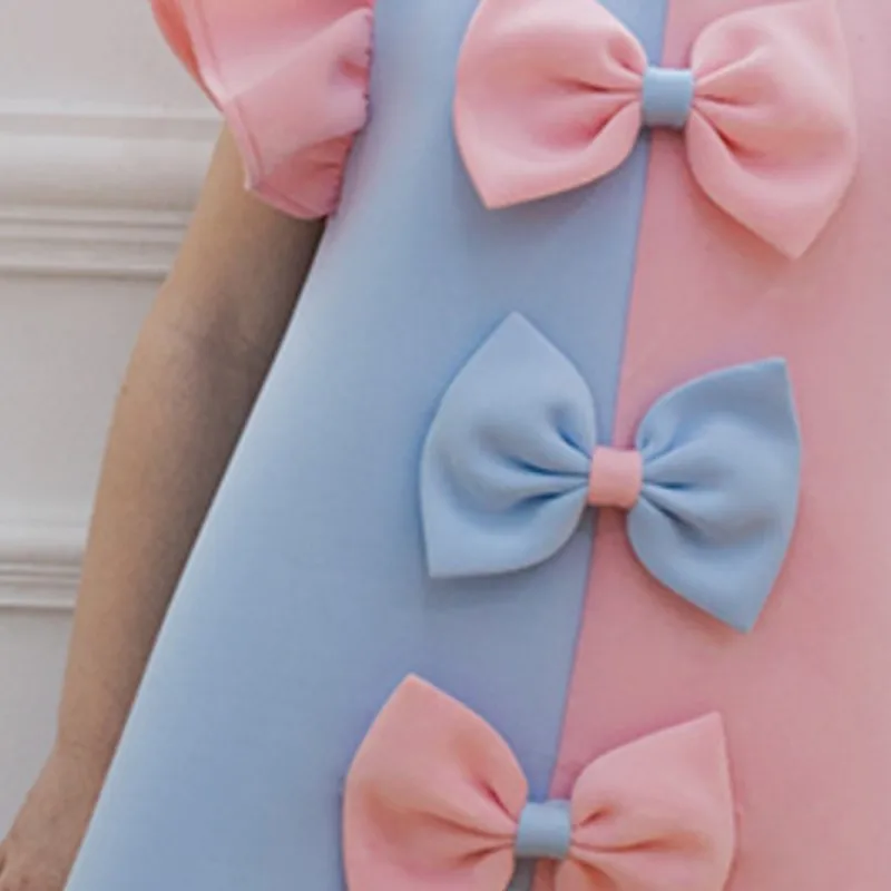 Fashion Baby Girl Princess Fly Sleeve Dress Toddler Child Bow Dress Pink Blue Color Blocking Birthday Party Baby Clothes 2-10Y