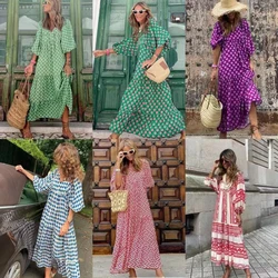 2024 Summer  Elegant Gown  Party Geometric Collage Bubble Short Sleeve Dress Women's Casual Retro Dress 12 Colors