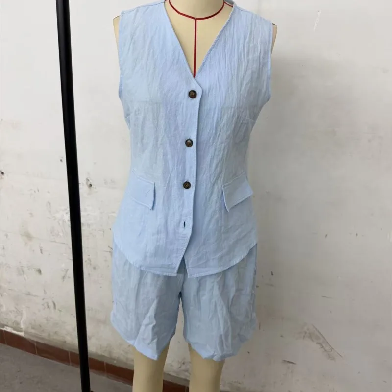 Women's Fashion Solid Vest Top Vintage V Neck Button Loose Casual Vest Pocket Shorts Suit Women Summer Elegant Two Piece Set