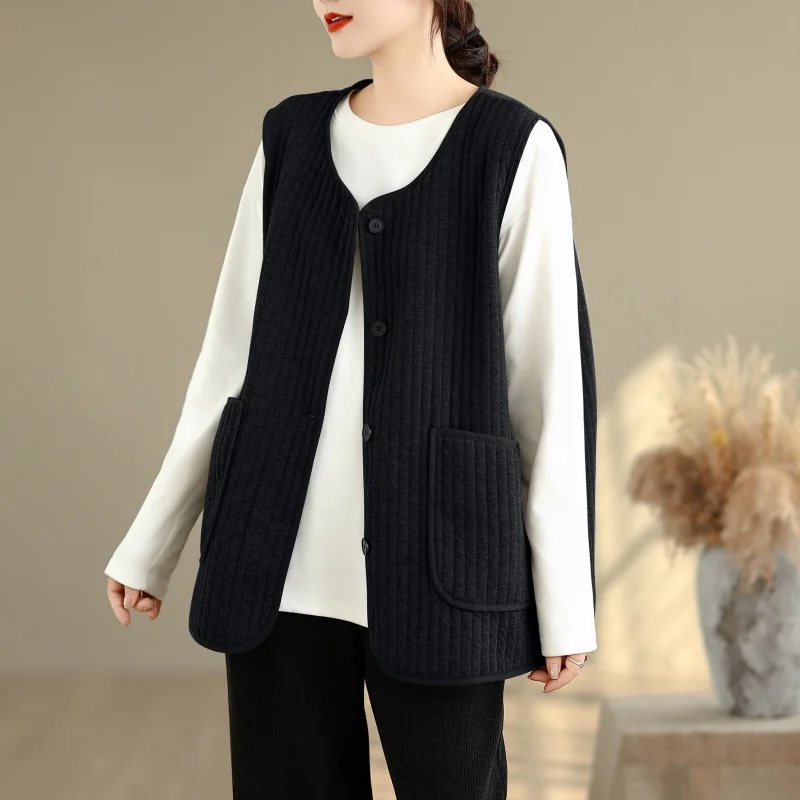 

Осень-зима, легкий стеганый хлопковый жилет в вертикальную полоску с текстурой, круглый многослойный стеганый хлопковый жилет, универсальный модный