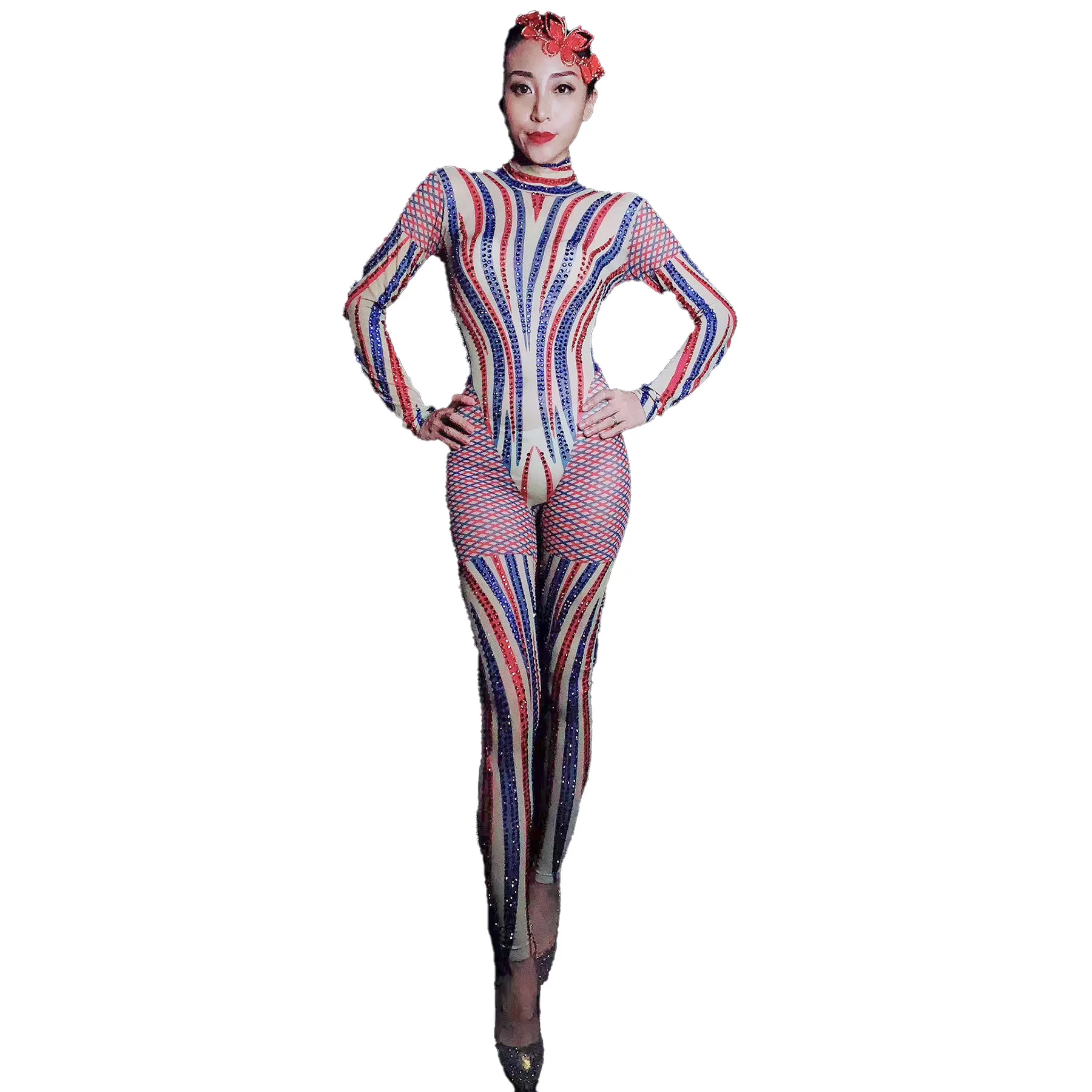 Caitiao Fashion Colored Striped Jumpsuit Long Sleeved Women High Elasticity Jumpsuit Bar Stage Performance Uniform Evening Dress