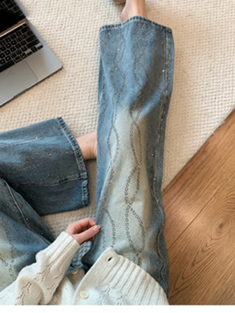 Y2K Vintage Distressed Full Diamond Hot Stamping Wide Leg Jeans Women Spring Versatile Casual Straight Leg Pants