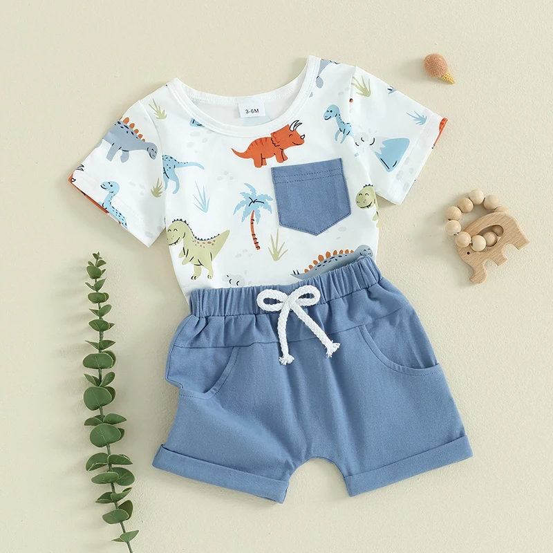 

Tregren Toddler Baby Boy Summer Outfits Round Neck Short Sleeve Dinosaur Print Tops + Elastic Waist Shorts Infant Clothes Sets