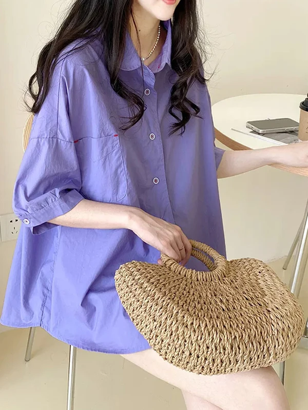 بلوزة صيفية جديدة بمقاسات كبيرة على الطراز الكوري، فضفاضة بقصة A، بأكمام متوسطة الطول وياقة دمية، بلون واحد، مناسبة للأخوات م... #4