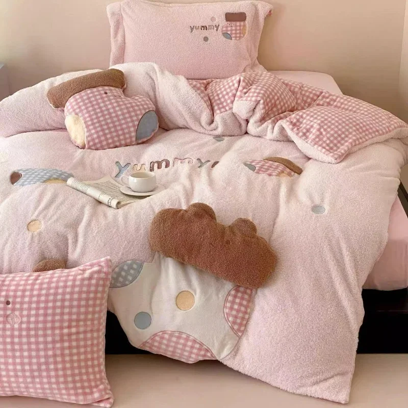 Pink Cartoon Pattern Bedding Set Plush Four-piece Set Children's Bedroom Bed Sheet Warm Winter Antistatic Duvet Cover Pillowcase