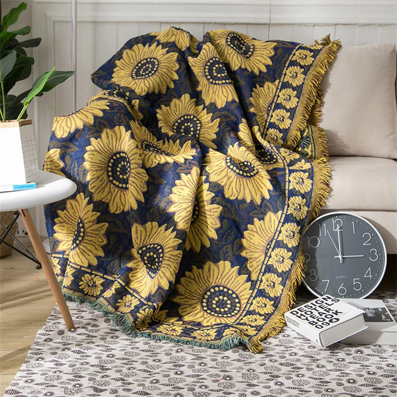 

51"x71" Boho Dark Blue Sunflower Blanket Indian Floral Cotton Woven Blanket with Fringe Chair Sofa Bed Couch Cover Tapestry Home