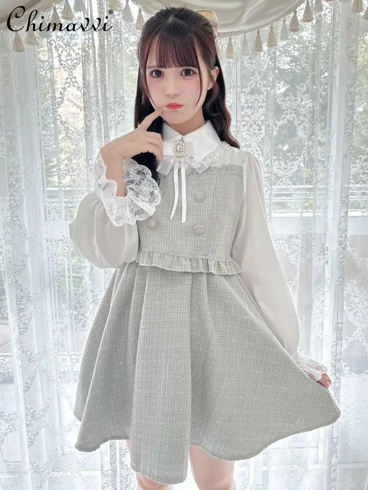 Japanese New Sweet Girl Tweed Short Dress Autumn Winter Lolita Exquisite Long-sleeved Splicing Elegant Kawaii Women's Base Dress