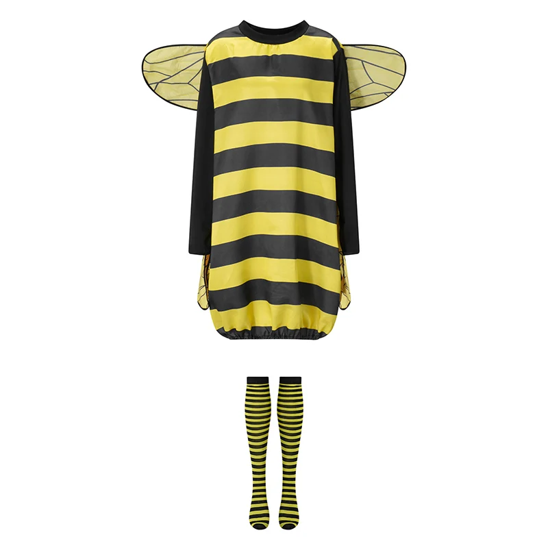Women Halloween Outfit Long Sleeve Striped Patchwork Bee Costume with Knee-high Socks and Hair Hoop Cosplay Outfit
