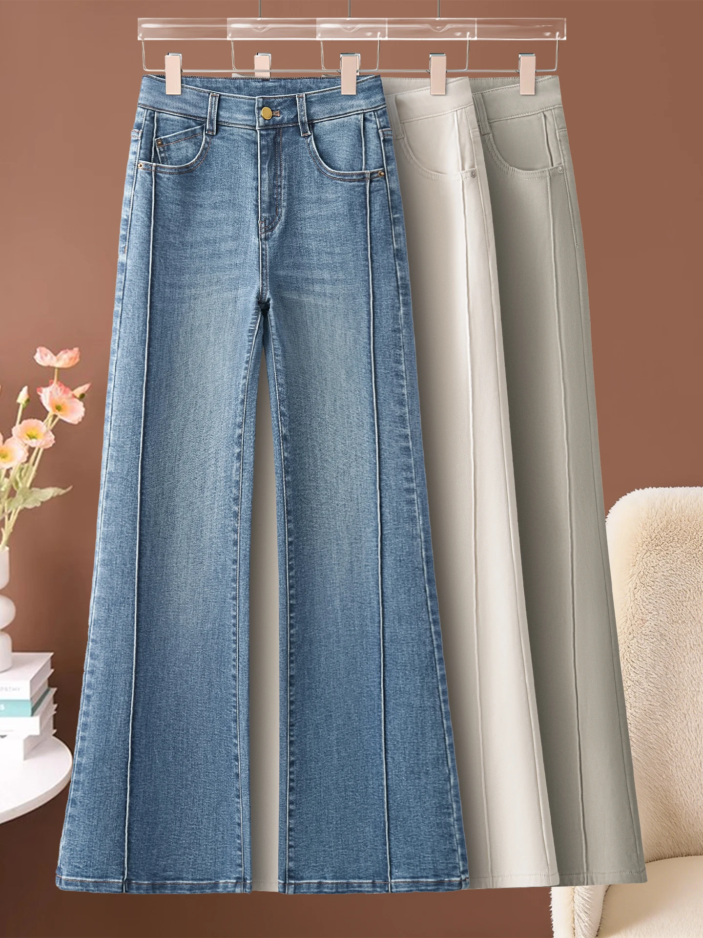 

Женские джинсы-клеш с высокой талией, весна-осень 2026, новый стиль, утягивающие, с отворотами, ретро, прямые брюки-клеш