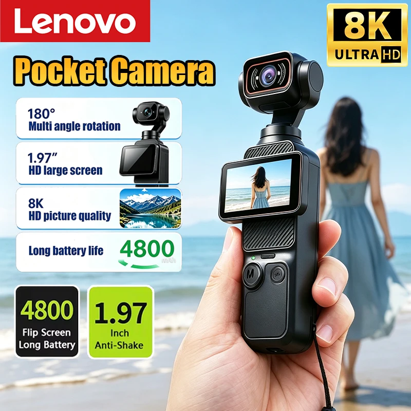 Lenovo, action camera portatile 8K HD con obiettivo e schermo girevoli, stabilizzazione dell'immagine, registrazione di foto e video, trasferimento Wi
