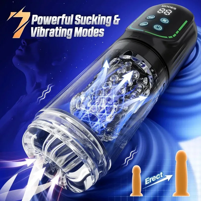 التلقائي مص لعق ذكر الاستمناء 7 Thrusting دوران LCD فراغ القضيب مضخة جيب حقيقي كس الضارب اللسان الجنس لعب