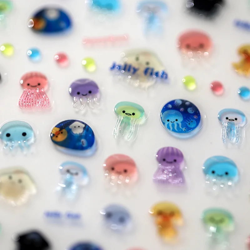 Cute Cartoon Jellyfish Jelly Design 5D Soft Embossed Reliefs Self Adhesive Nail Art Sticker Stars Love Heart 3D Manicure Decals