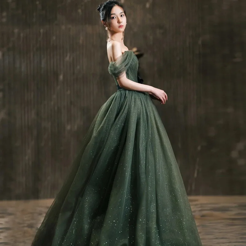 LZPOVE-vestido de noche largo verde militar con lentejuelas para mujer, vestido de noche con hombros descubiertos, Princesa, fiesta de graduación, banquete, boda