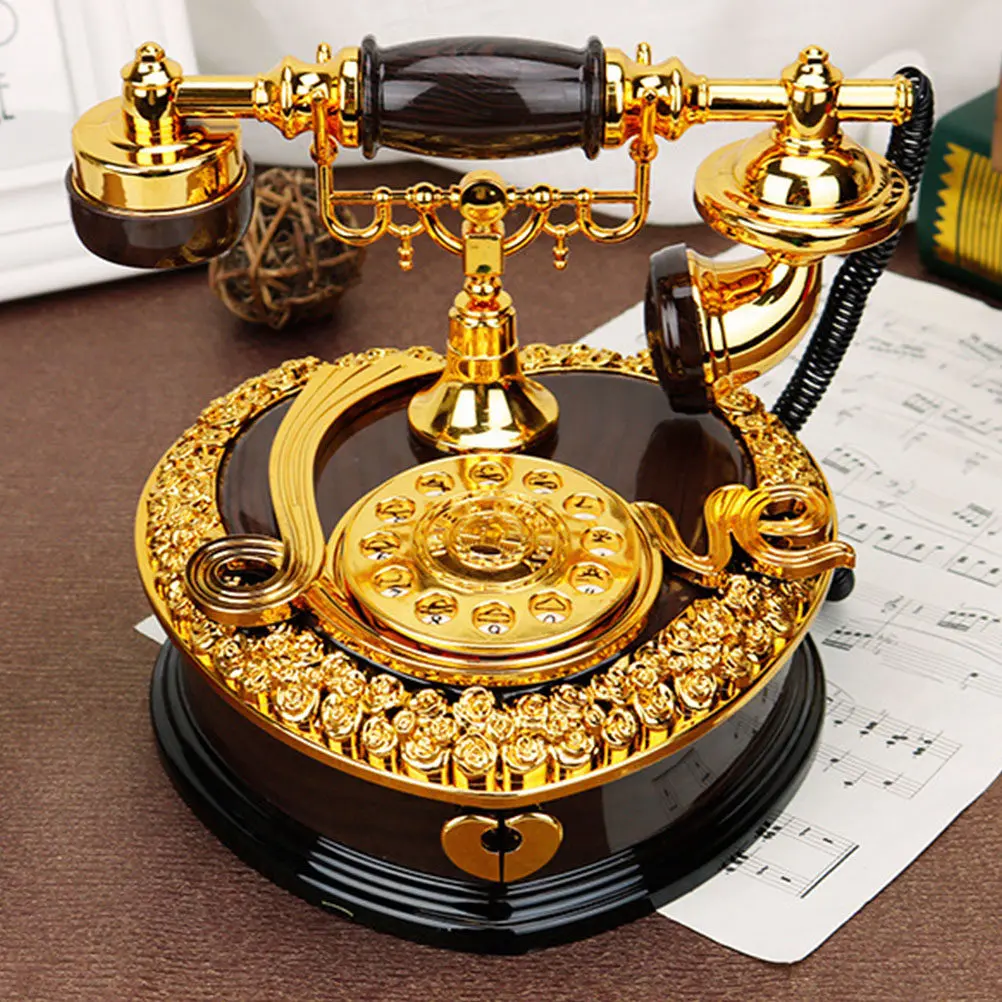 1Pcs Vintage Telephone Shaped Music Box Desktop Decor Jewelry Organizer Melodious Rotating Musical Box Gift for Girls Home