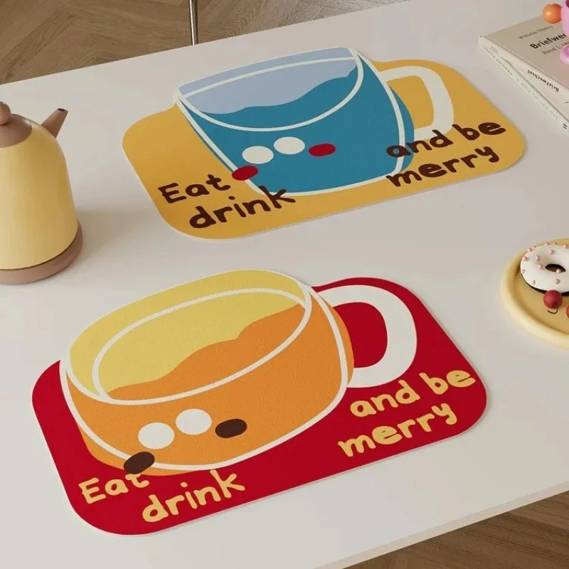 Cute Cartoon Cup Shape PU Leather Placemat Waterproof Heat Resistant Table Mat Non Slip Bowl Dish Drying Pad Kitchen Desktop Pro