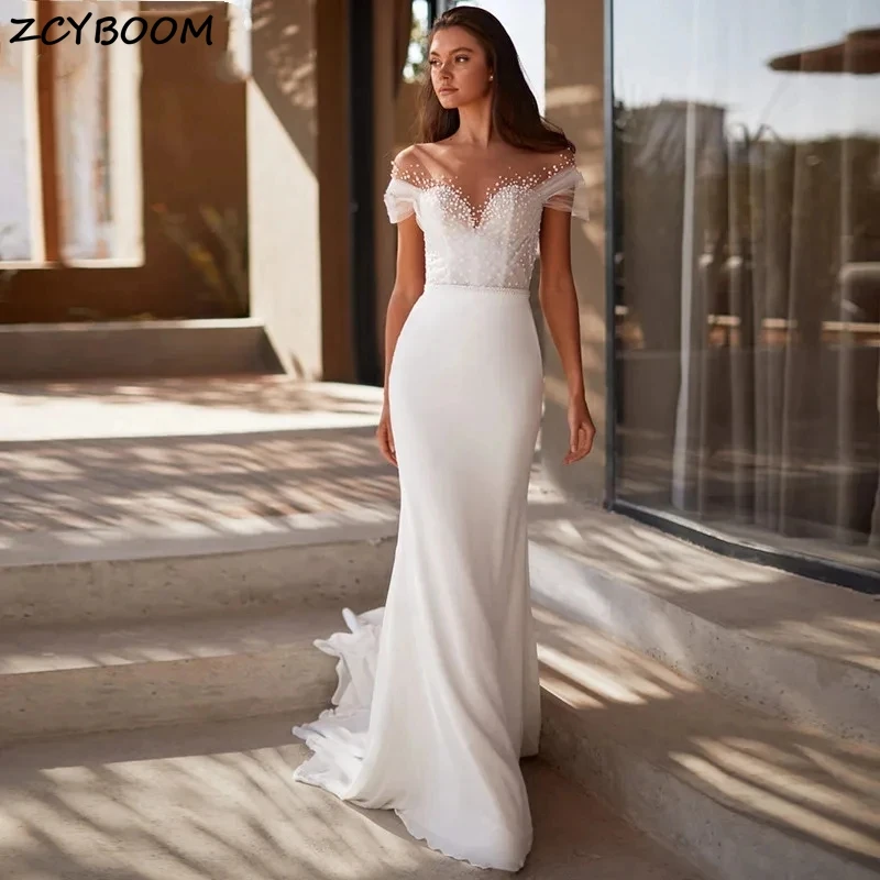 

Elegant Off The Shoulder Satin V-Neck Backless Wedding Dresses For Women 2024 Court Train Bridal Gowns Vestidos De Novia