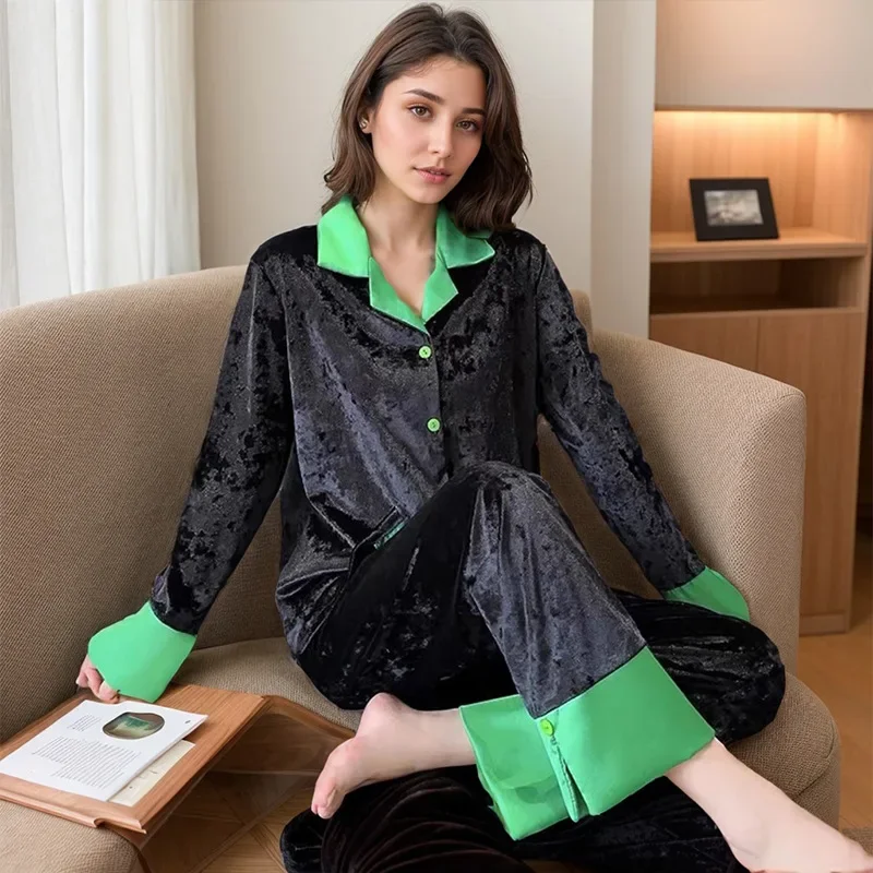 Female Velvet Pajamas Autumn Winter Velour Sleepwear Trouser Suits Fashion Patchwork Two Piece Set Casual Home Wear Loungewear