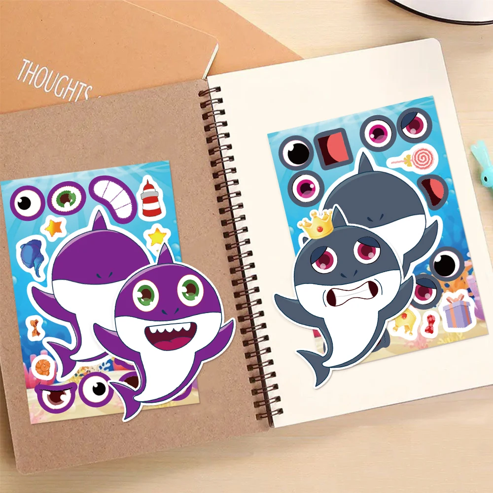8PCS Big Mouth Face Changing Cute Shark Puzzle Collar DIY Hand Account Phone Case Home Interactive Waterproof Toy Stickers