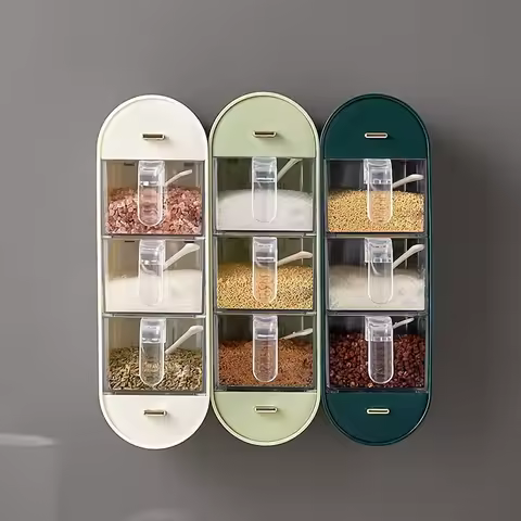Wall-Mounted Seasoning Box 5 Grid Transparent Seasoning Box Spice Pot Sealed Spice Container Kitchen Spice Dispenser
