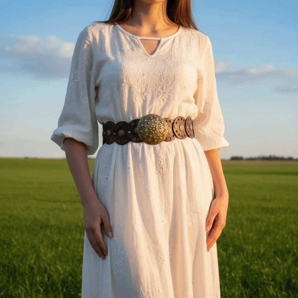 

Vintage Alloy Ethnic Style Rivet Belt Y2K Jeans Decor Concho Wide Belt Exaggerated Punk Disc PU Hollow Waistband Cowgirl