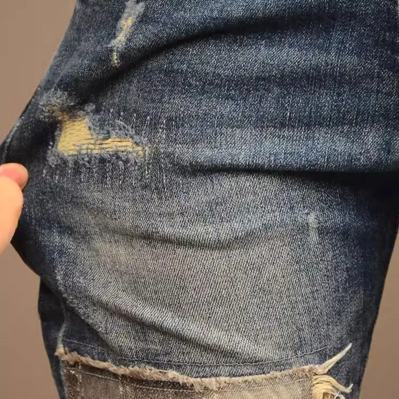 Italian fashion new men's jeans patch washed nostalgic stretch slim fit light blue jeans designer retro patchwork pants hombre - Image 6