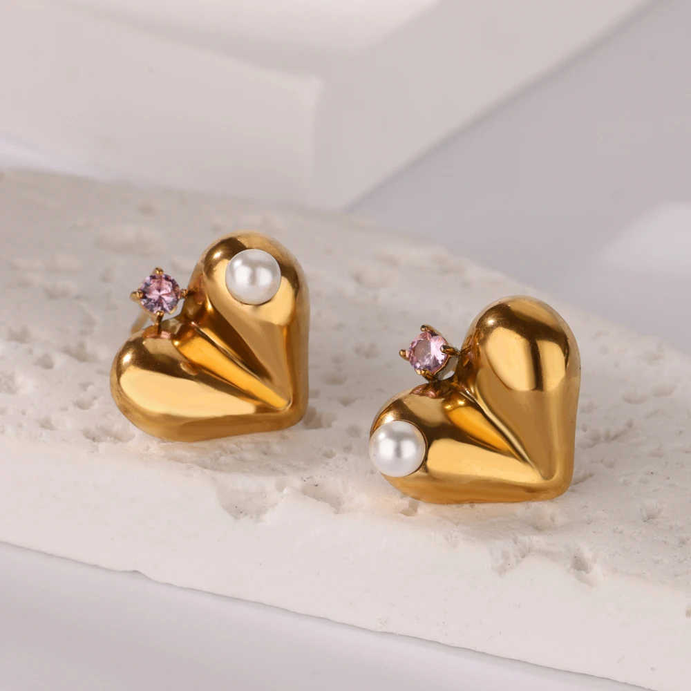 Vintage Green Zircon Heart Earrings for Women Stainless Steel Gold Color Piercing Earrings Fashion Wedding Christmas Jewelry
