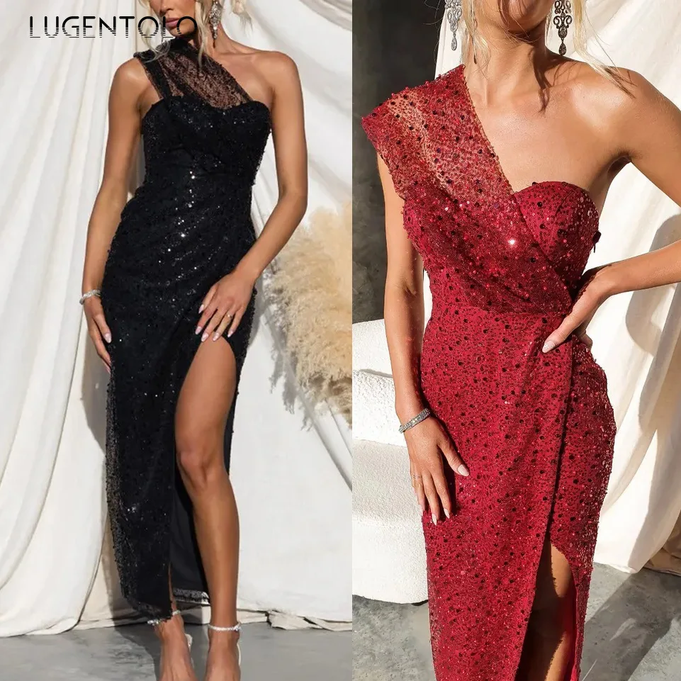 

Women Sexy Party Dress Sequins Slanted Shoulders Chest Wrap Sli Female Elegant Banquet Solid New Sleeveless Long Clothing